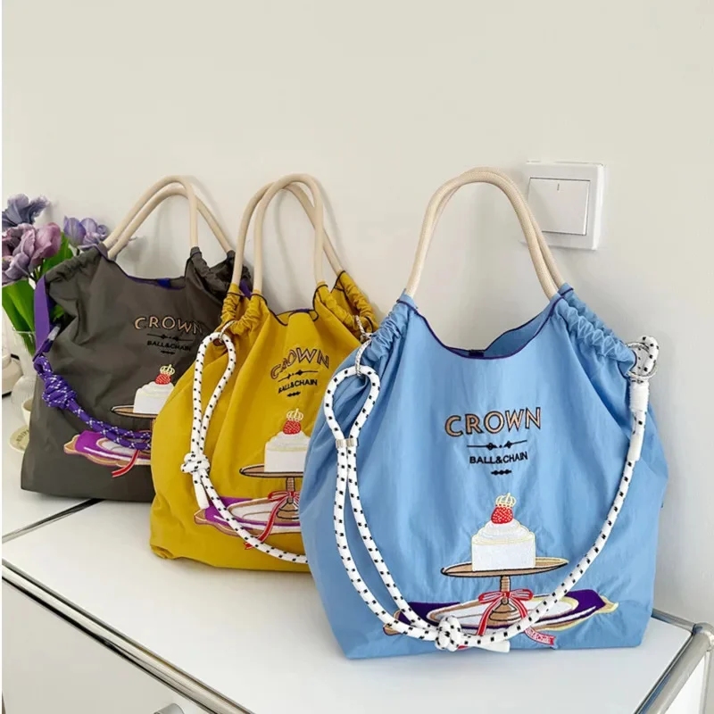 Draw String Hand Bag Oxford Cloth Embroidery Tote Reuseable Nylon Bag Portable Shoulder Bag Korea Bag Foldable Bag Embroidery