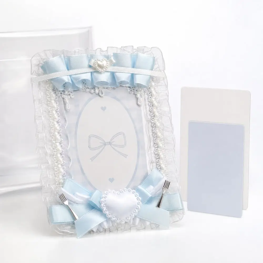Lace Ruffles Photocard Holder Faux Pearl Heart Decoration Collectible Card Holder Satin Ribbon Clear Sleeve ID Card Sleeve