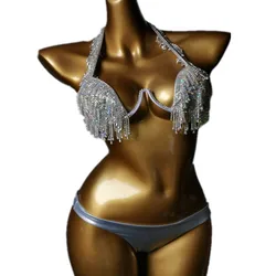 Pink Silver Rhinestones Bikini Beach Vacation Swimsuit Chains Tassel Bra Briefs Bathing Outfit Swimwear Nightclub Party Rave