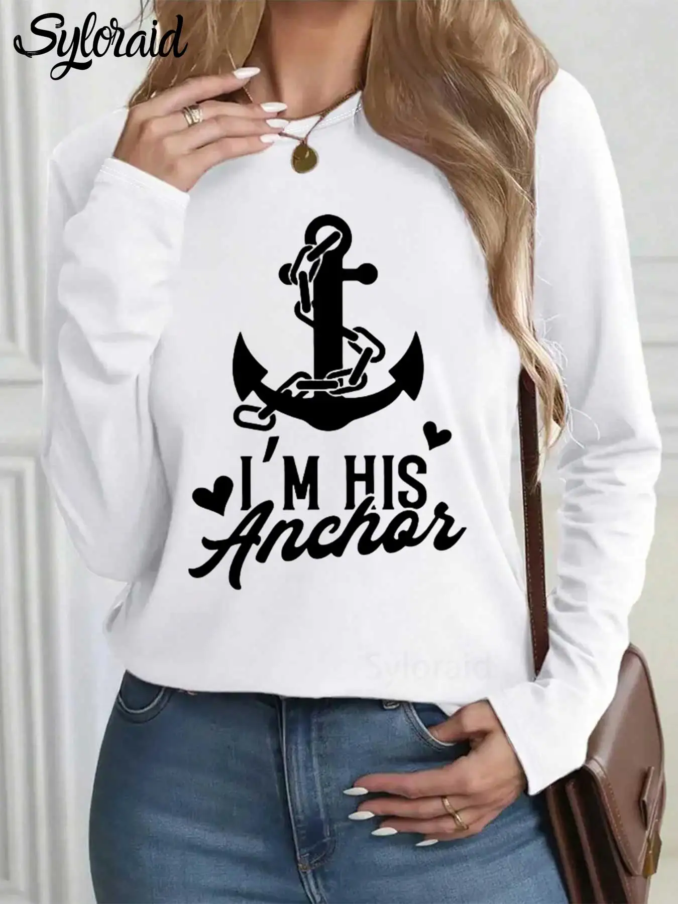 Camiseta feminina de manga comprida "I'm His Anchor" Camiseta estampada para casais dos namorados moda gola redonda top casual