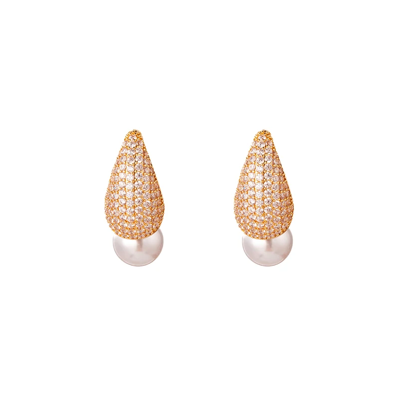 

new luxury unique cute high quality oval designer brass material 18 k gold plated cubic zircon white pearl big charm earring