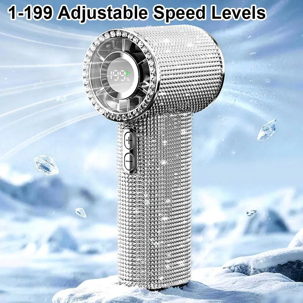 199 Speeds Strong Wind Outdoor Portable Handheld Fan Covered With Diamonds Type-C Rechargeable Outdoor Ice Cooling Fans ﻿