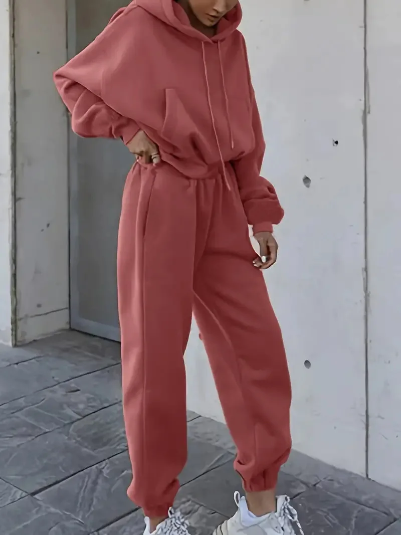 

Fashion Hooded Pocket Sweatshirt + Wide-leg Pants Two-piece Sets Women Solid Color Summer Lace-up Top Trousers Suit For Women