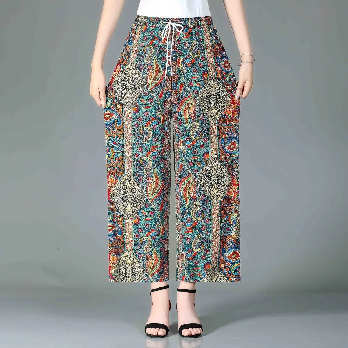 

Women's Wide Leg Pants High Waist Cropped Trousers Spring Summer New Korean Fashion Loose Floral Prrint Straight Baggy Pants