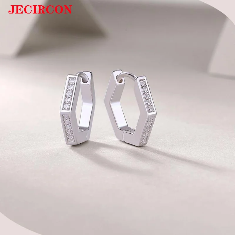 

JECIRCON S925 Sterling Silver All Moissanite - Embellished Geometric Polygon Hoop Earrings Light Luxury and Versatile Jewelry