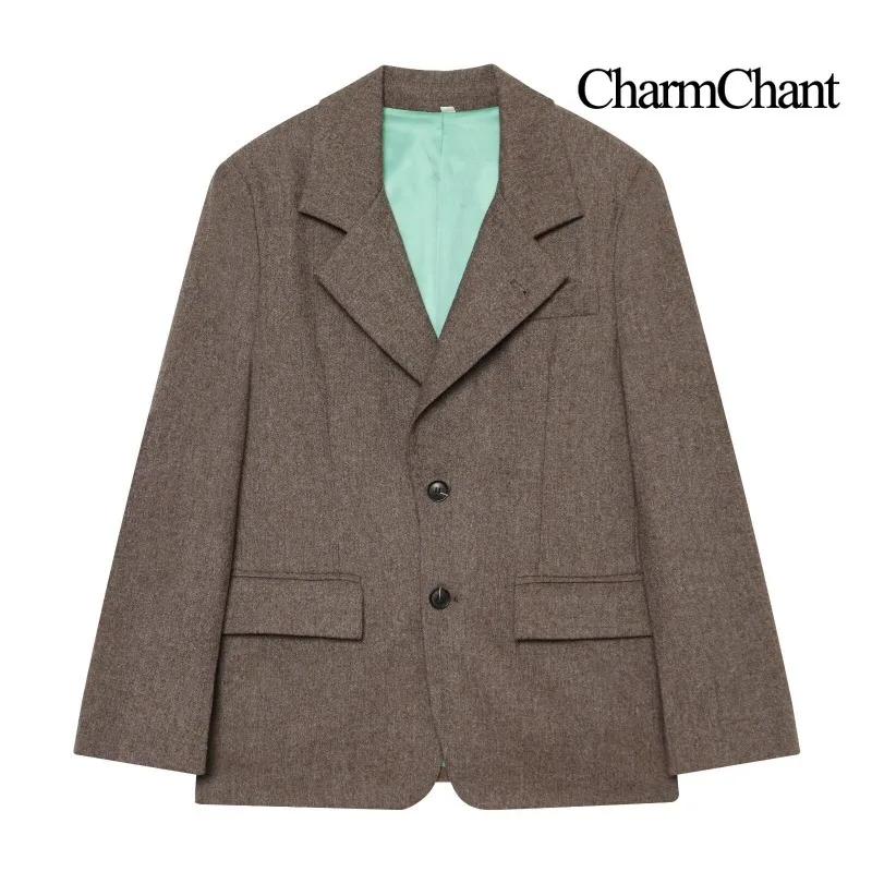 CHARMCHANT Women's Tweed Blazer Notch Lapel Single Breasted Suit Jacket Contrast Lining Oversized Elegant Coat Fashion 2026