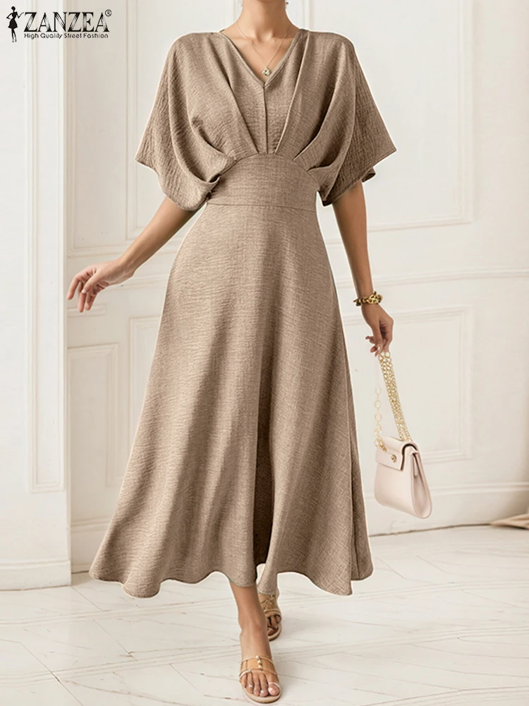 Zanzea vestido de escritório feminino verão vestido de verão meia manga morcego vintage festa robes 2025 sólido casual decote em v vestidos plissados