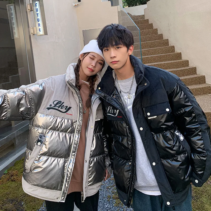New Brand Winter Down Jackets Men Woman Letter Embroidery Down Coat Bubble Padded PU Leather Corduroy Patchwork Couple Parkas