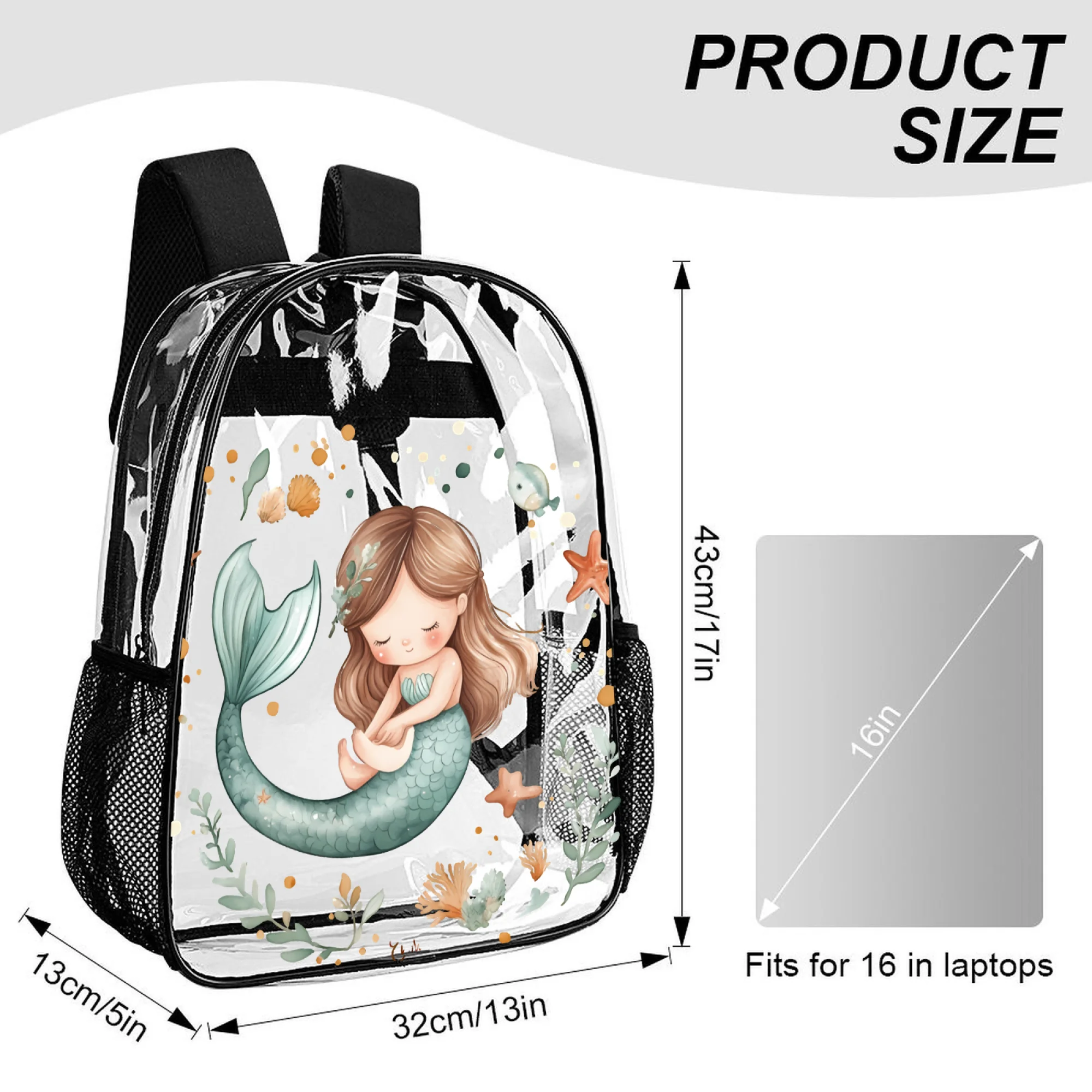 กระเป๋าเป้ใสขนาด 17 นิ้ว ลายภาพวาดนางเงือก ใส่แล็ปท็อปขนาด 16 นิ้วได้ กระเป๋าเป้ใส PVC สำหรับนักเรียน - ของขวัญกระเป๋าเป้สุดสนุก