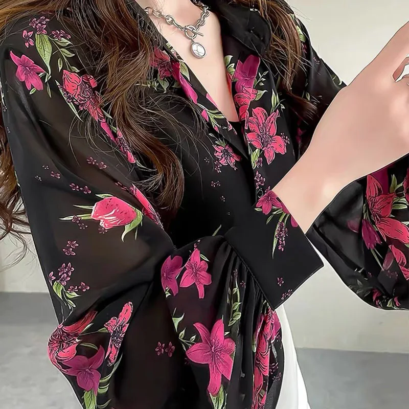 Women\'s Clothing Vintage Fashion Lantern Sleeve Chiffon Shirts Spring Summer Loose Polo-neck Button Thin Blouse Chic Print Tops