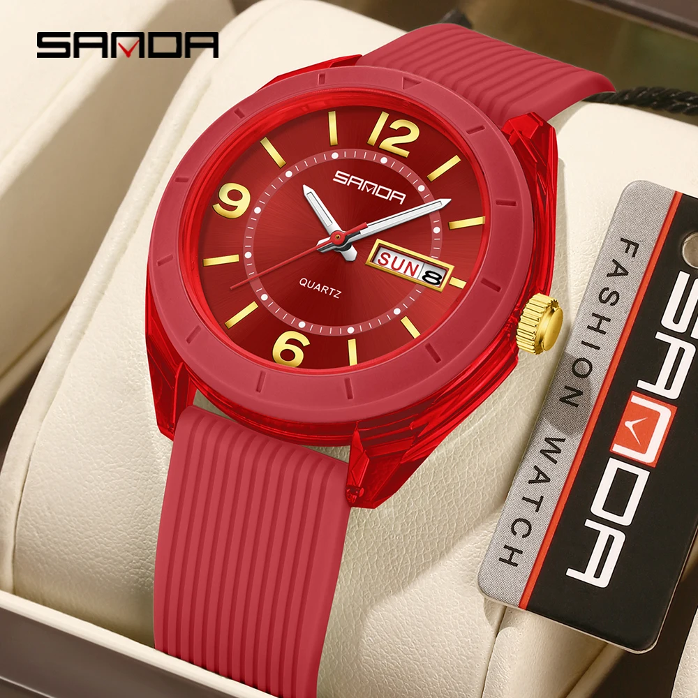 SANDA جديد 6287 الطلاب والطالبات الترفيه امتحان كوارتز ساعة ضوء الليل مقاوم للماء تقويم مزدوج ساعة كوارتز