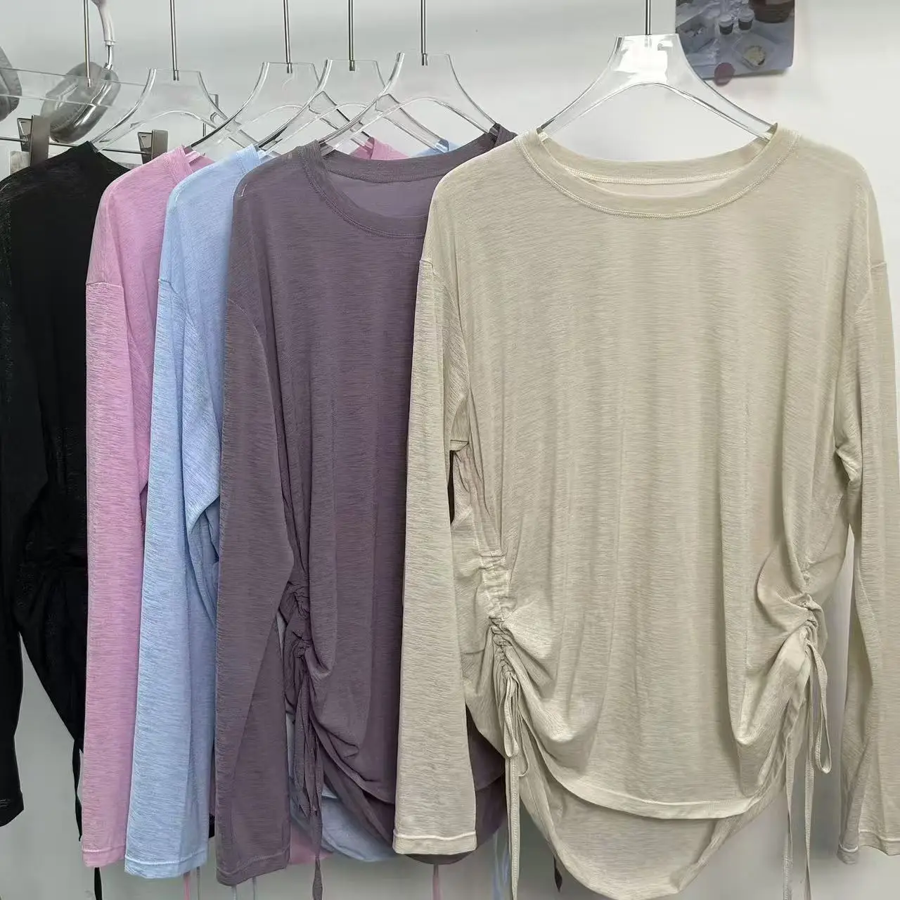 Slub Yarn Sports T-shirt Gym Fitness Drawstring Pleated Blouse Training Pilates Professional Fitness Clothing Yoga Long Sleeves