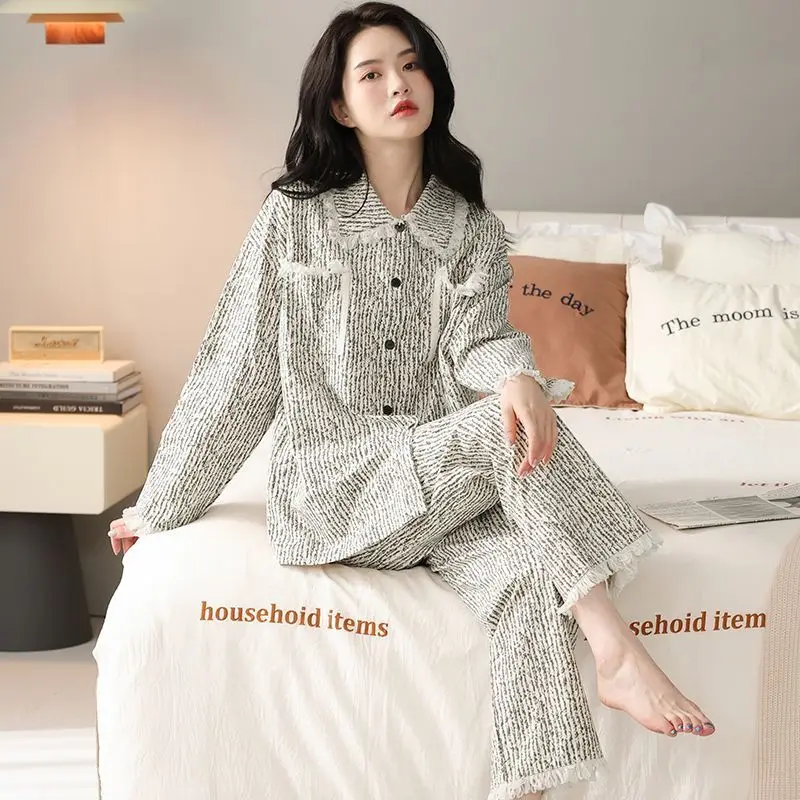 Net red sweet pajamas women spring and autumn long sleeve cardigan can be fringed loose pants set home wear ins style nightgown