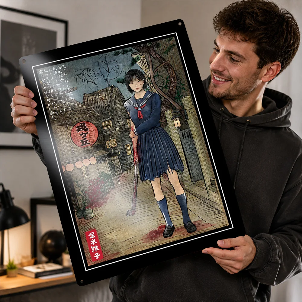 Japanese Schoolgirl In Atmospheric Alley Aluminum Poster Illustrated Wall Art For Bedroom Personalized Metal Sign Birthday Gift