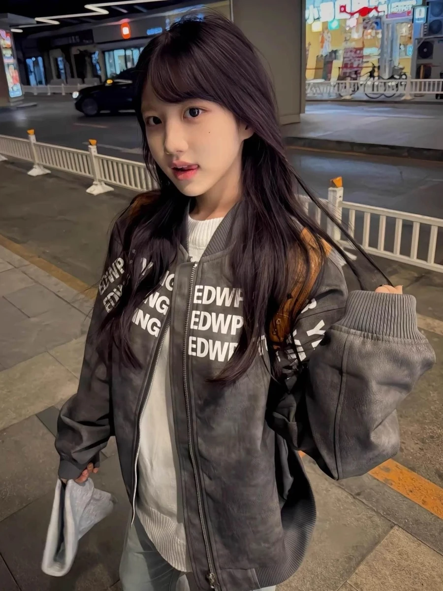 

American Sle Letter Print Baseball Jaet ex Loose Fit Flng Coat High Street Cool Haomely Designed PU Leather Jaet