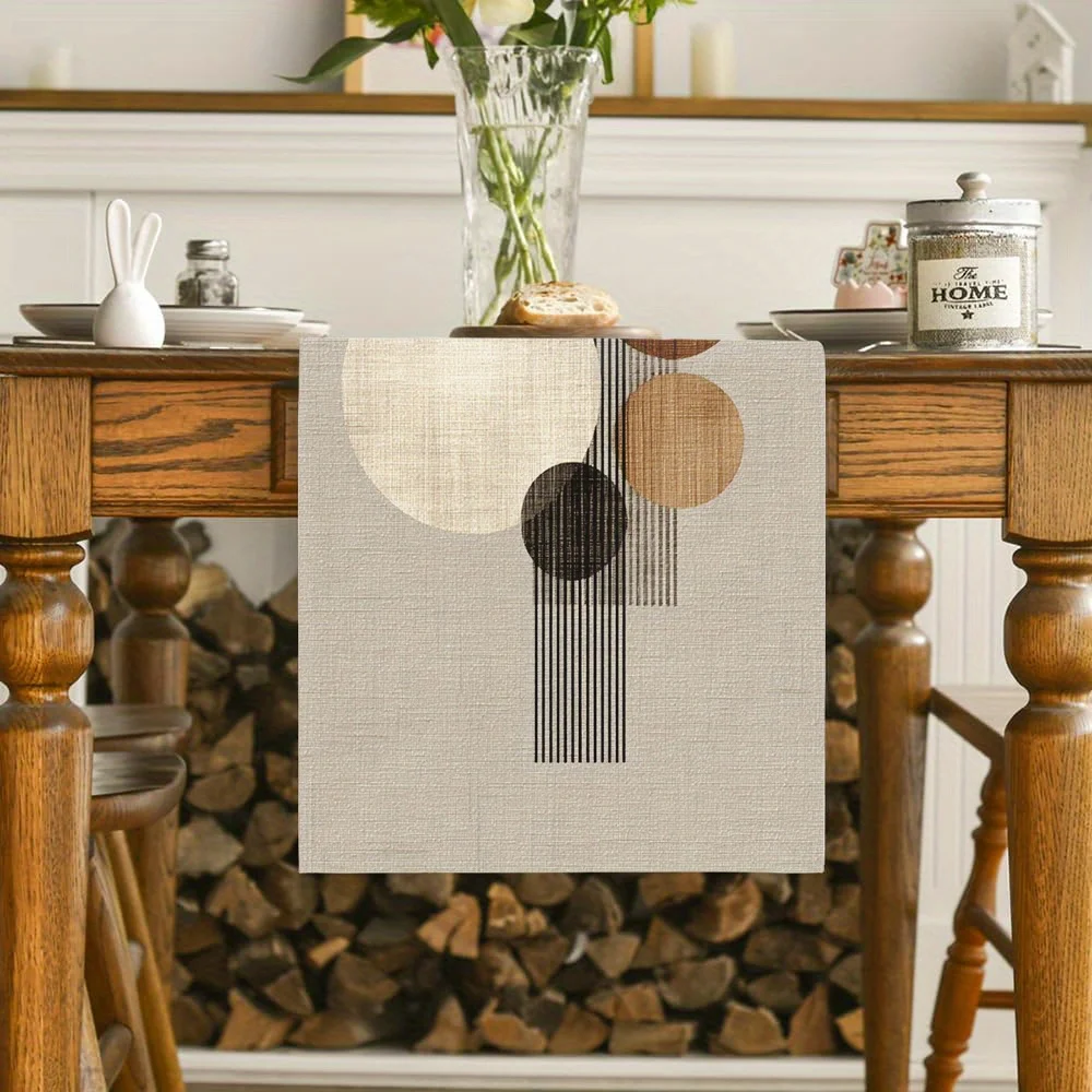 Round and oval combination color table flags with contrasting color geometric patterns, featuring artistic linear style prints