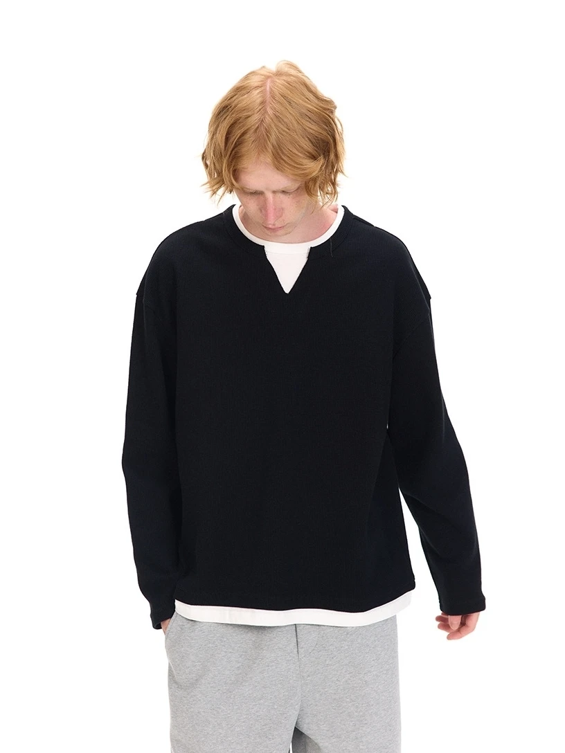 

Glowing Box 2025AW American Sle Long Sve T-irt Pure Color Wfle Pattern Knitted 320G ex Stand Fit Spring Autumn