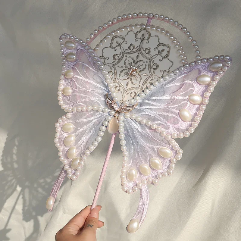 

Antique Hanfu Butterfly Fan Walk Show Dance Fan Long Handle Lolita Gorgeous Photo Shooting Props