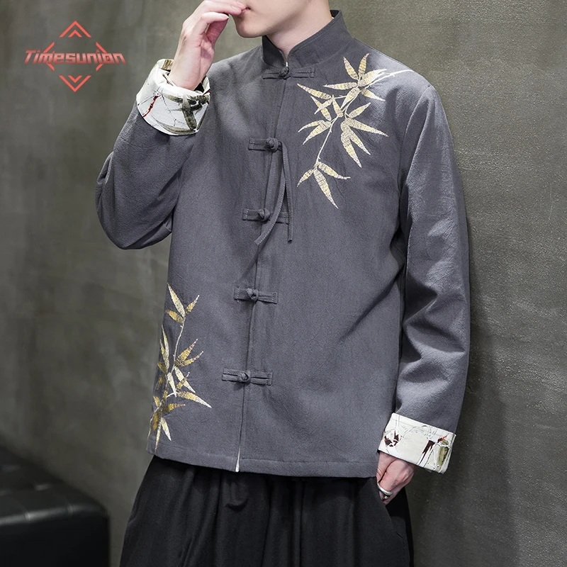 

Tang Coat Cotton Linen Jacket for Men Fashion Bamboo Leaf Embroidery Stand Collar Disc Buckle Spring Han Fu Jackets