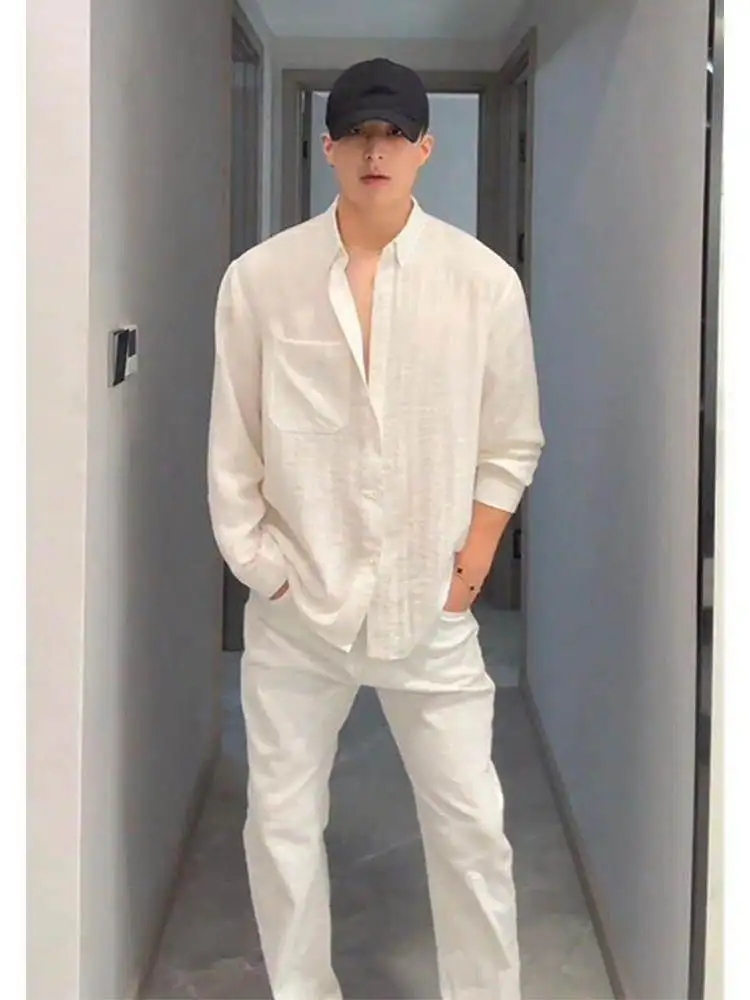 

Summer New Men's Loose Fit Long Sleeve White Linen Cotton Shirt Breathable Sun Protection Fashionable Neck Citywalk
