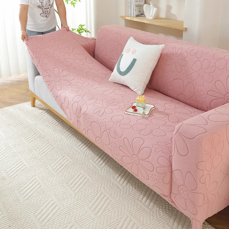 2026 Solid Color Flower Jacquard Sofa Cover Soft Non-Slip Elastic Corner Couch Covers Polar Fleece Stretch Furniture Protector