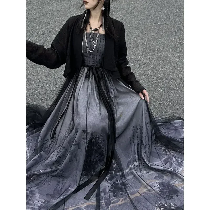 2023 Summer Improved Chinese Traditional Black Printed Hanfu Dress Two Piece Set Women Gothic Modern Halloween Cosplay Costume