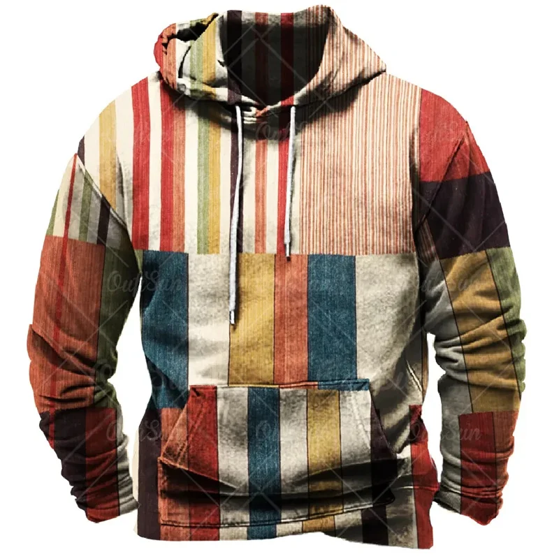 Vintage Hoodies For Men 3d Plaid Print Colorful Hoodie Sweatshirts Long Sleeve Pullovers Street Mens Clothes Casual Unisex Tops