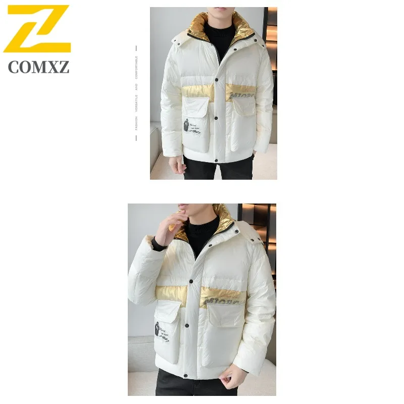 COMXZ Men Winter Jacket Korean Fashion Warm Fashion Lightweight Skiing Puffer Jacket Snowy Windproof Cold-Resistant Down Jacket