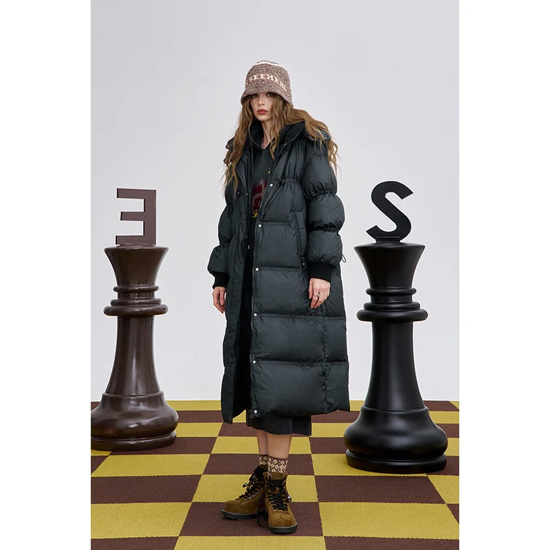 ELFSACK 2025 Winter New Arrivals Minimalist Long Solid Color Zippered Hooded Down Coat For Woman