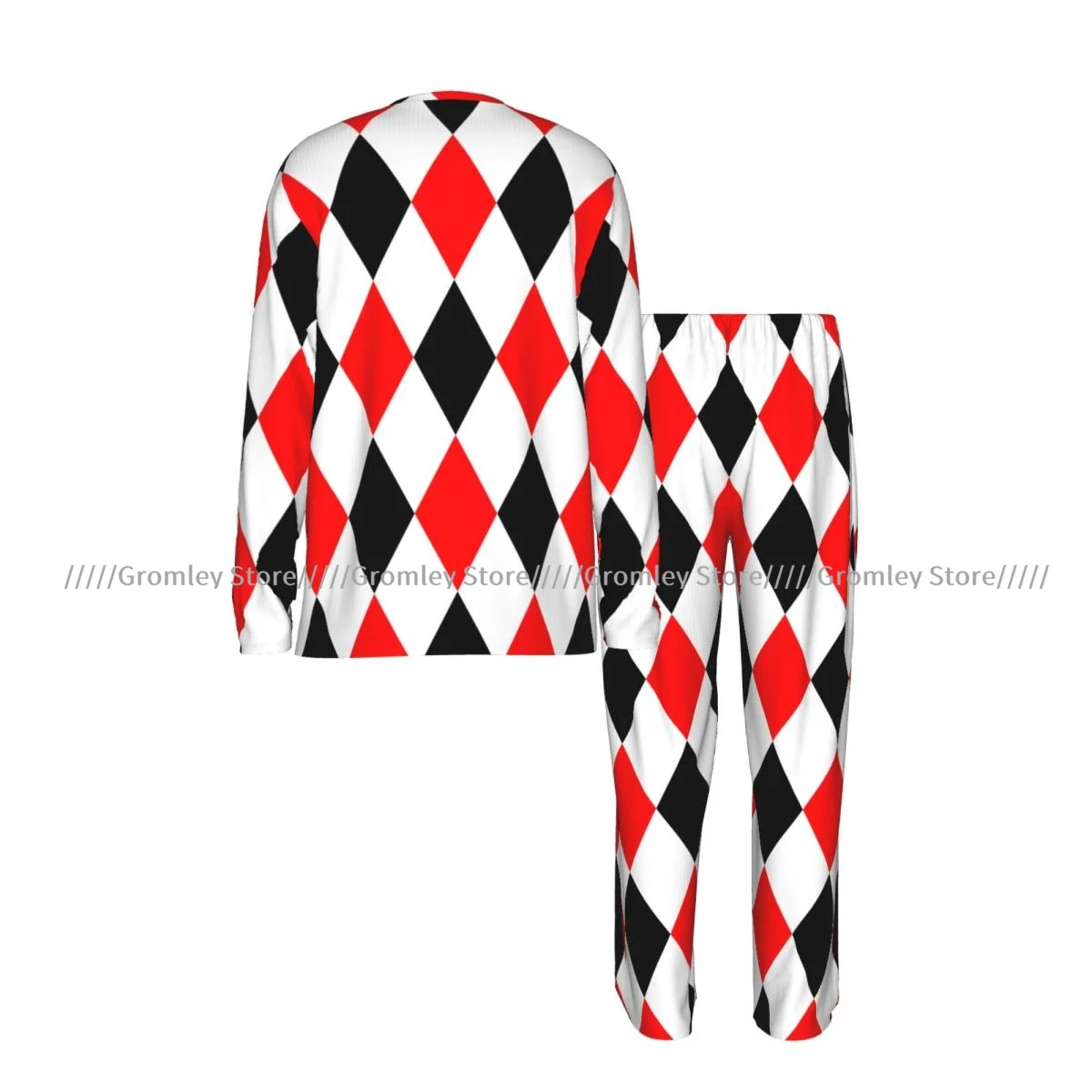 Men's Long Sleeve Long Pants Pajama Set Red Black And White Rhombuses Pattern Casual Loungewear and Sleepwear for Home