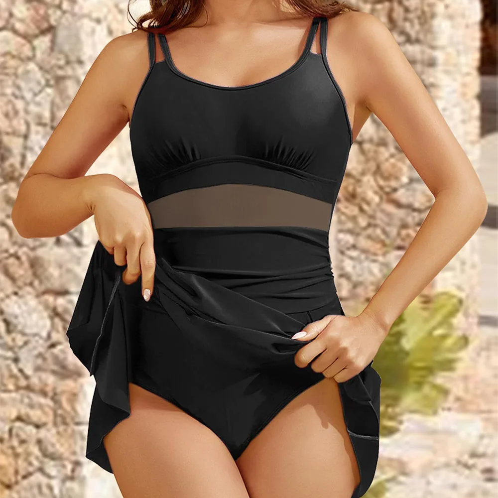 ชุดว่ายน้ํา One Piece สําหรับผู้หญิง Tummy Control ชุดว่ายน้ําสายรัดปรับ Swimdress ชุดว่ายน้ําชุดว่ายน้ํากระโปรง