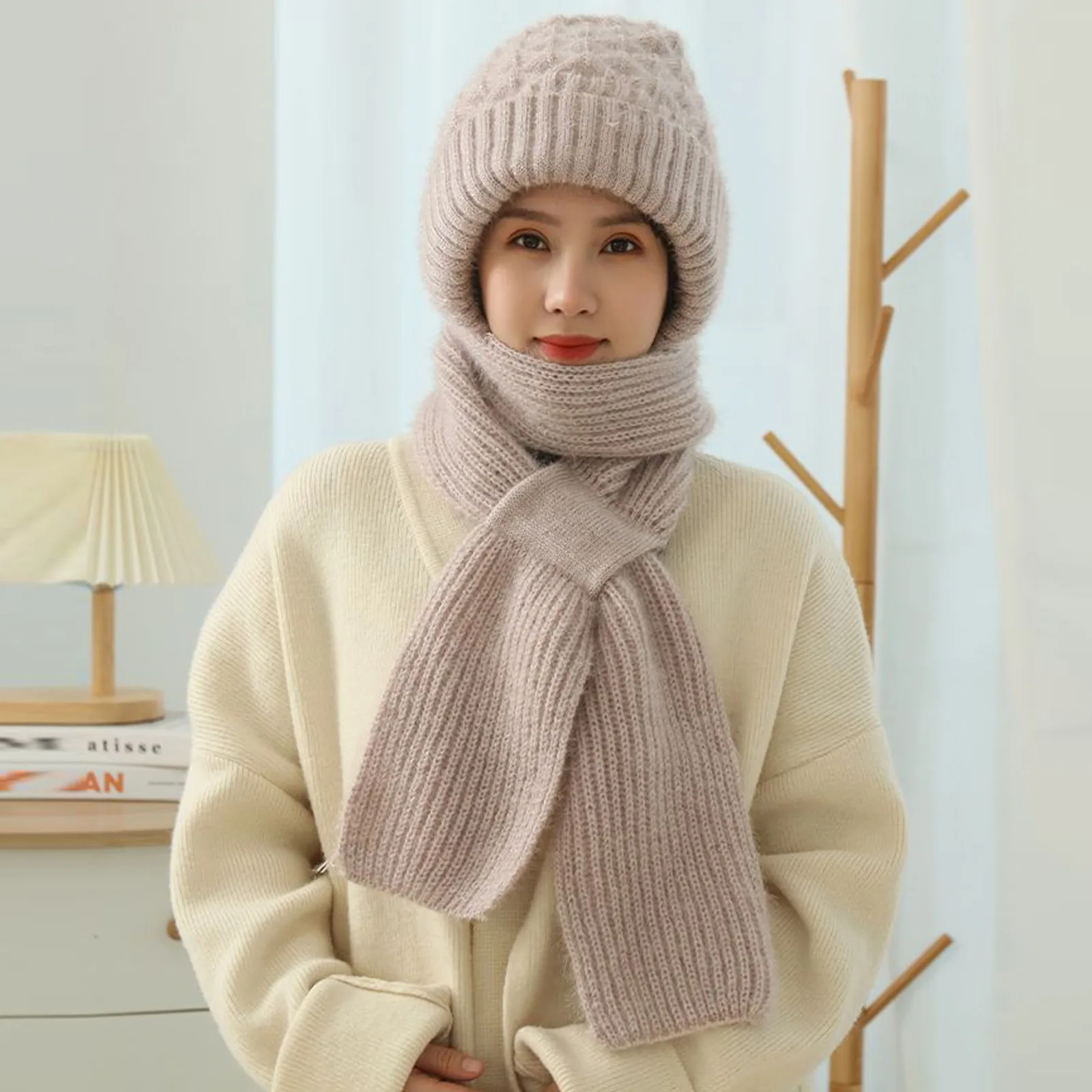 Conjunto de bufanda integrada en guantes para mujer, bufanda a prueba de viento, 2 sombreros, bufanda de invierno, sombrero con capucha, tejido en la oreja, 1 sombrero sólido