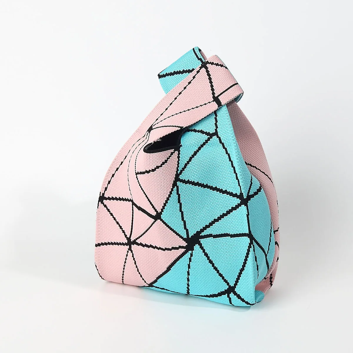 Contrasting Color Triangular Geometric Line Knit Handbag, Suitable for Daily Shopping, Commuting, and Walking, Usable in All Seasons, a Gift for Students and Children, Made of Soft and Lightweight Foldable Fabric, with a Sturdy and Durable Shoulder Strap