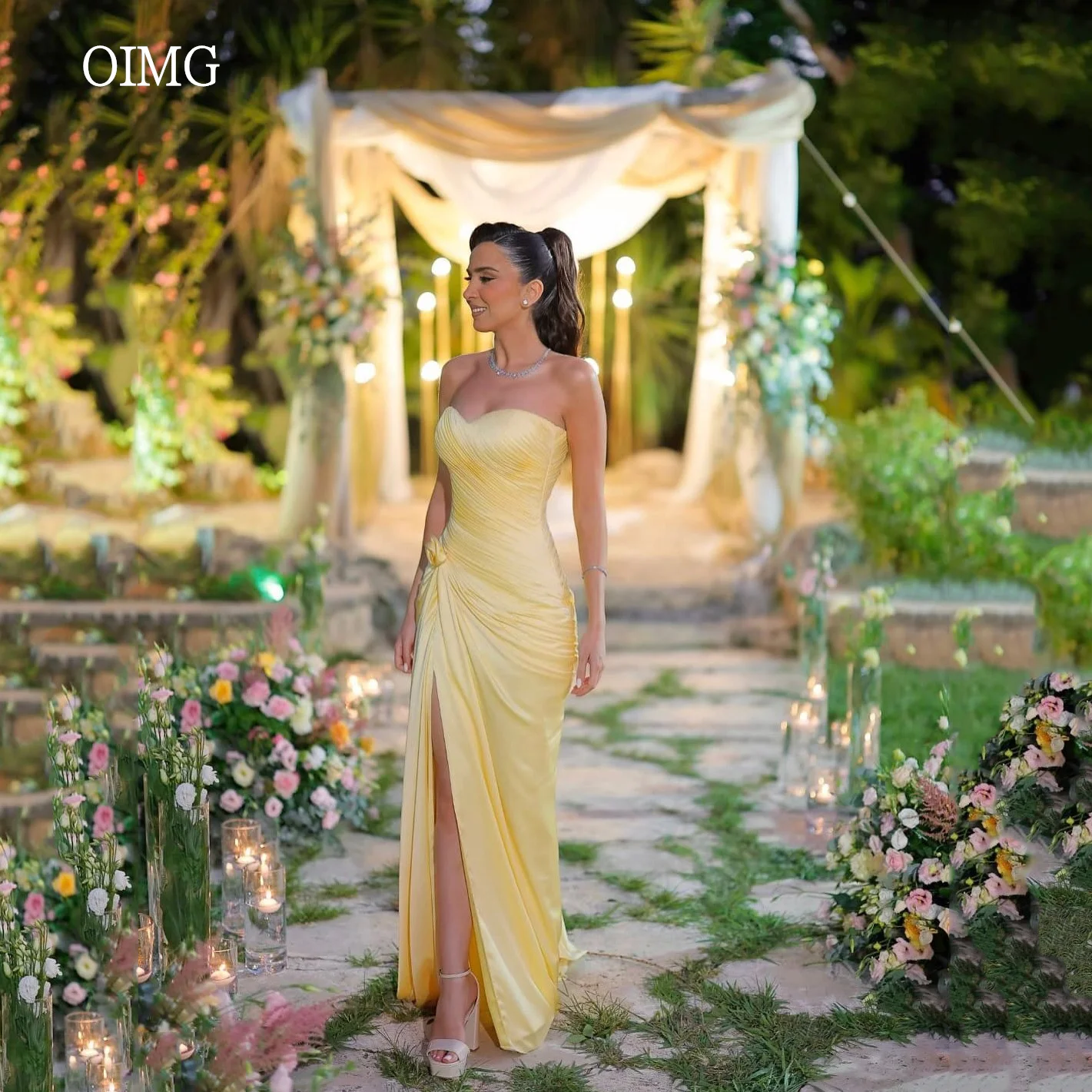 

OIMG Yellow Strapless Mermaid Prom Gowns Side Slit Pleated Party Gown Floor Length Evening Dress vestidos de festa Customized