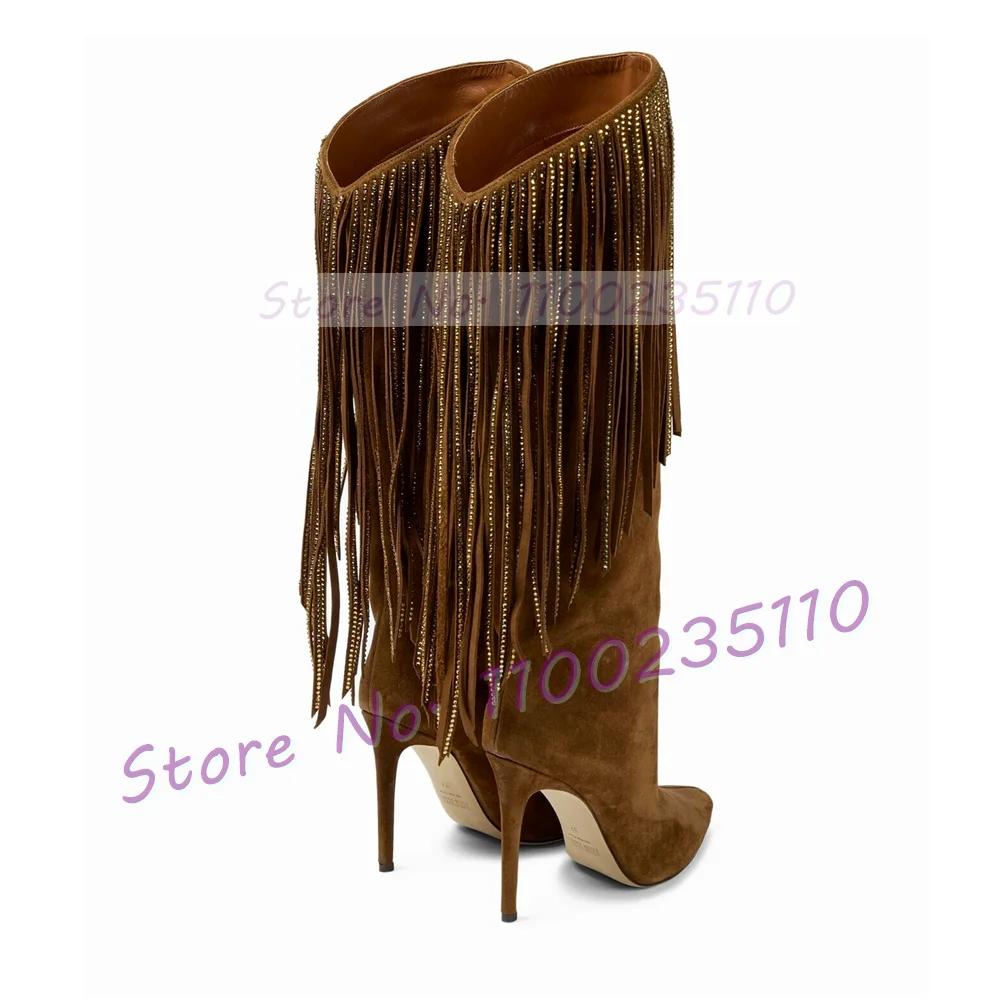 

Brown Crystal Fringes Knee High Boots Women Pointy Toe Patchwork Suede High Heels Boots Autumn Fashion Chic Winter Posh Boots