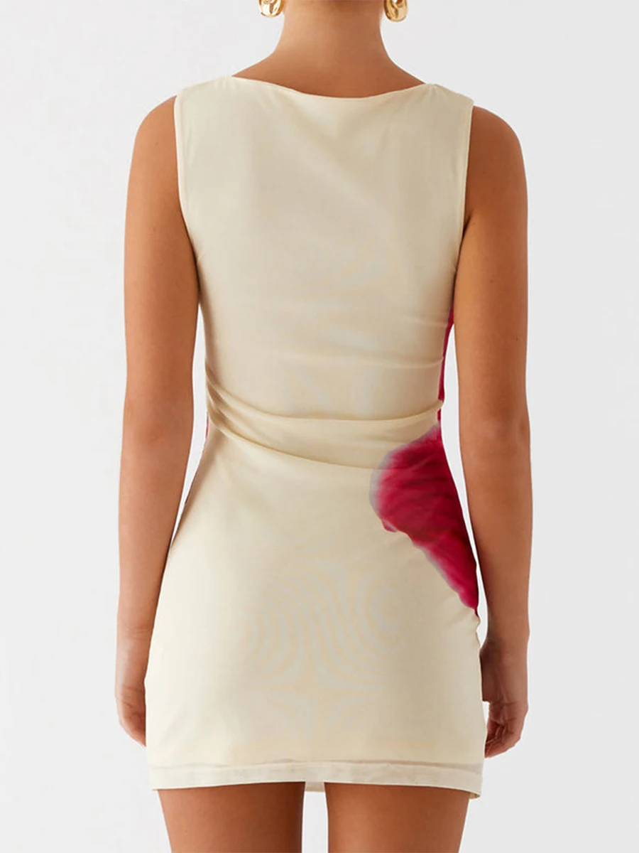 ผู้หญิงชุดเดรสแขนกุดคอลูกเรือพิมพ์ดอกไม้ Slim ฤดูร้อนชุดเข้ารูปชุดมินิเดรส