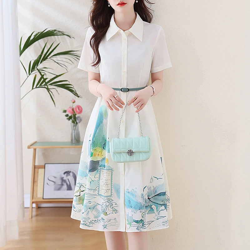 

Fashion OL Work Shirt Dress Women Summer Elegant Print Midi Long Dress