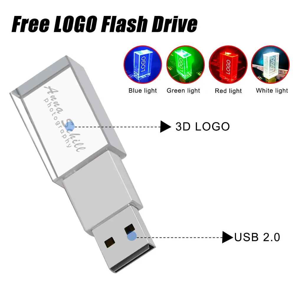 10PCS/LOT USB2.0 Flash pen drive With box Crystal Pendrive 4GB 16GB 32GB 64GB 128GB Transparent Glass Photography Gift free logo