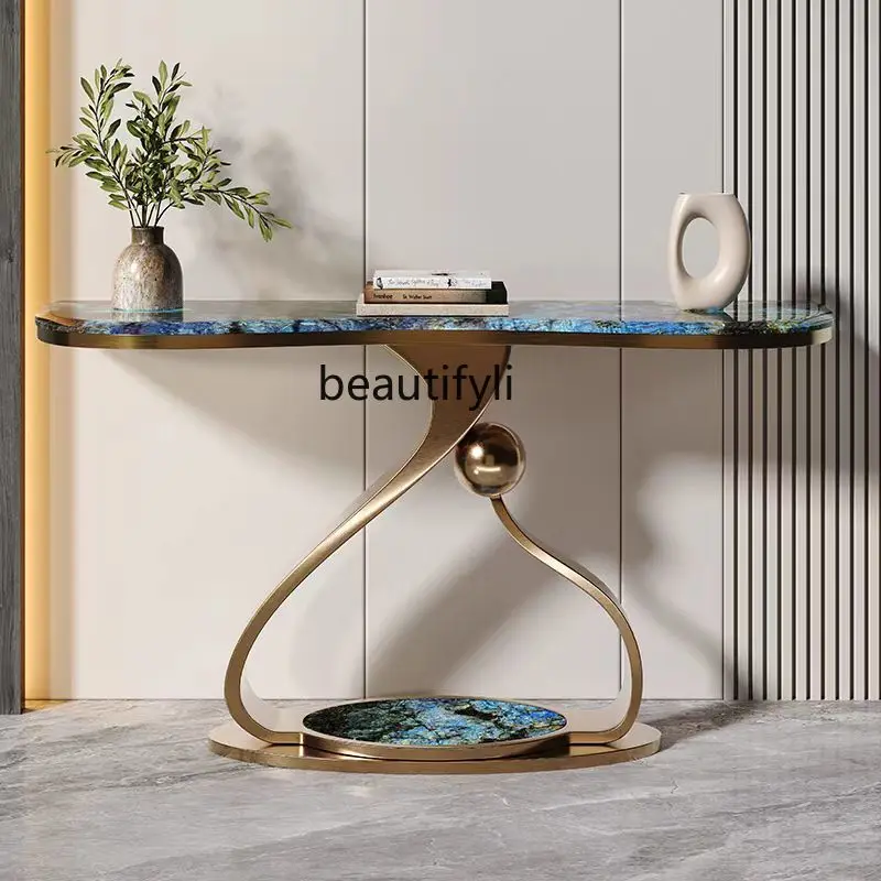 

Light luxury stainless steel rock slab entrance table modern art entrance table foyer end view table against the wall