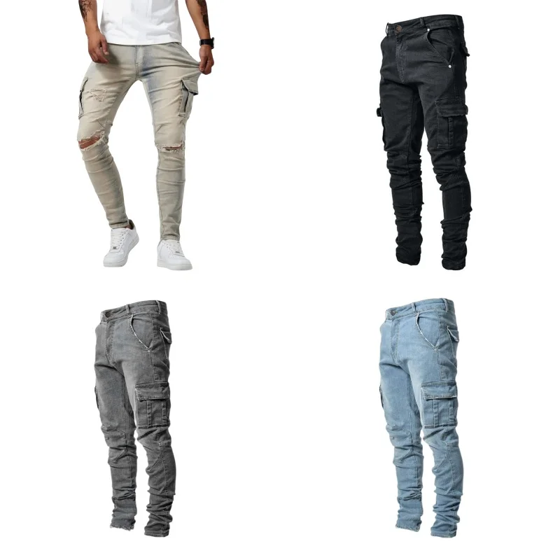 Autumn Winter New Men's Clothing Solid Color Stretch Multi-Bag Skinny Pants Slim Slimming Denim Cargo Pants Jeans