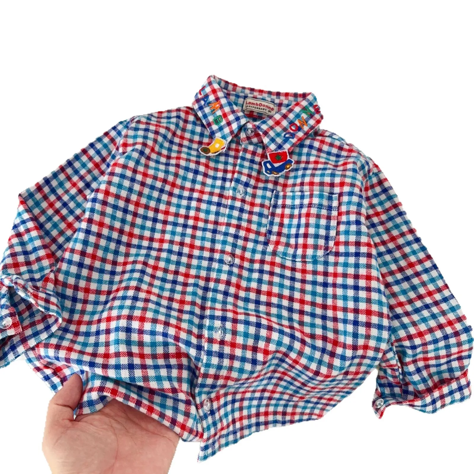 

2025 New Japanese Children's Shirt Autumn Edition Checkered Embroidery Splicing Men's and Women's Shirts Baby Top