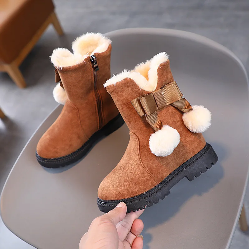 

Children Winter Fleece Ribbon Bow Anti-Slip Suede Short Boots Girls Fashion Snow Boots Girls Hairball Thickened Cotton Boots