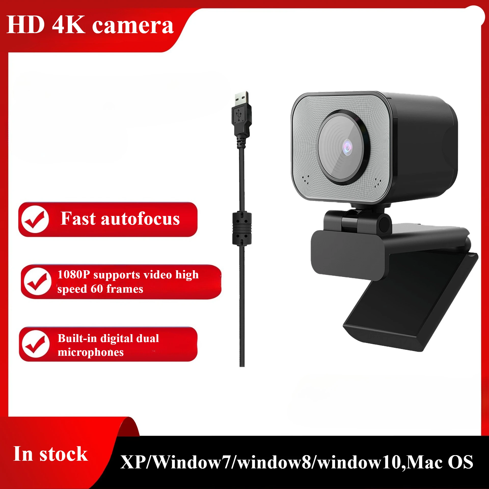 

4K Webcam Video Camera Autofocus Streaming Web Cam With Microphone 360° Rotation Full HD 1080P Webcams for PC/Computer/Laptop