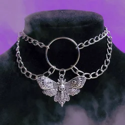 Gothic Choker for Women Men Silver Vintage Skull Pendant Necklace Trend Witch Jewelry Moth Charm Silver Chain Necklace New 2022