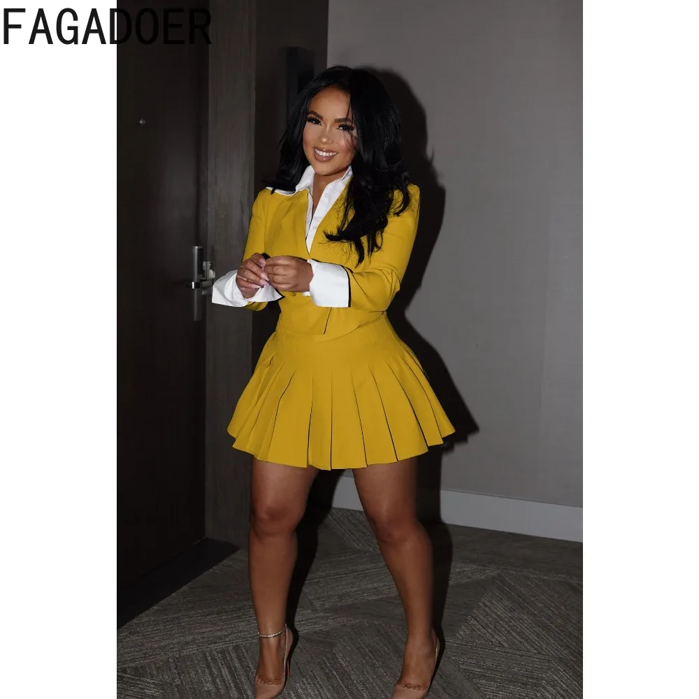 FAGADOER Elegant Lady Color Splicing Two Piece Sets Women Button Blazer Top And Pleated Mini Skirts Outfits Fashion 2pcs Clothes