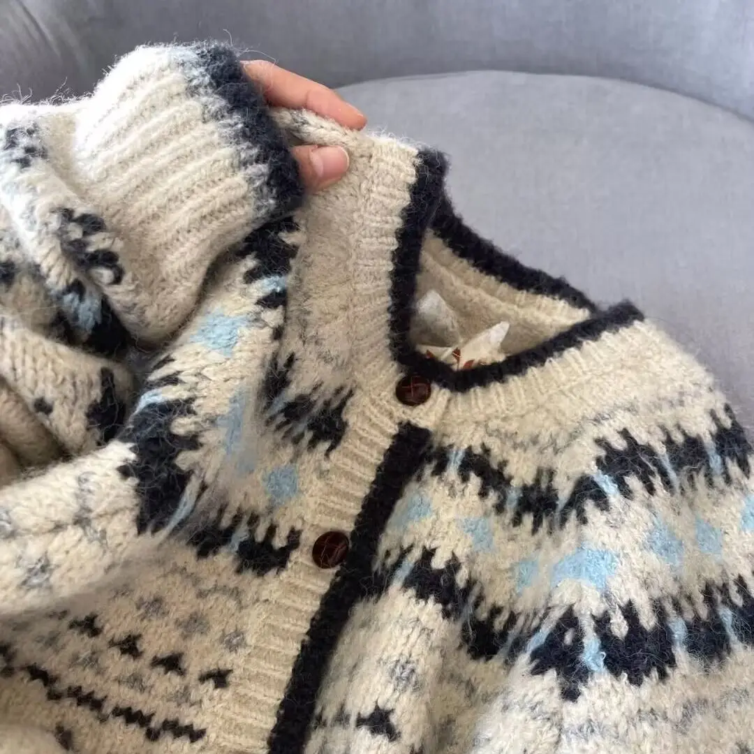

Sweater Fall Winter Cozy Top 2025 Women Fair Isle Knit Cardigan Vintage Pattern Pullover Chunky Cropped