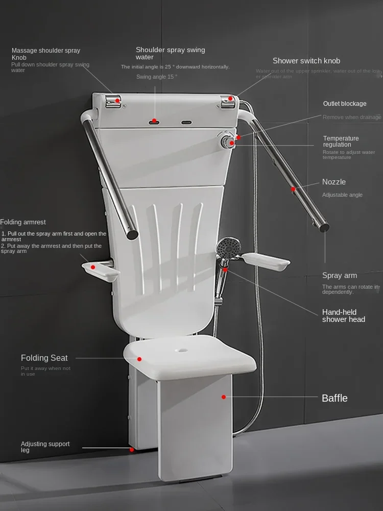 Sitting Shower for Elderly with Constant Temperature Folding Seat, Multi functional Wall Hanging,Armrest