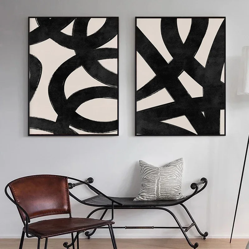 الحديثة البيج خطوط سوداء فرشاة السكتات الدماغية المشارك مجردة قماش اللوحة الحد الأدنى الفن يطبع الشمال صور فنية للجدران المنزل دي