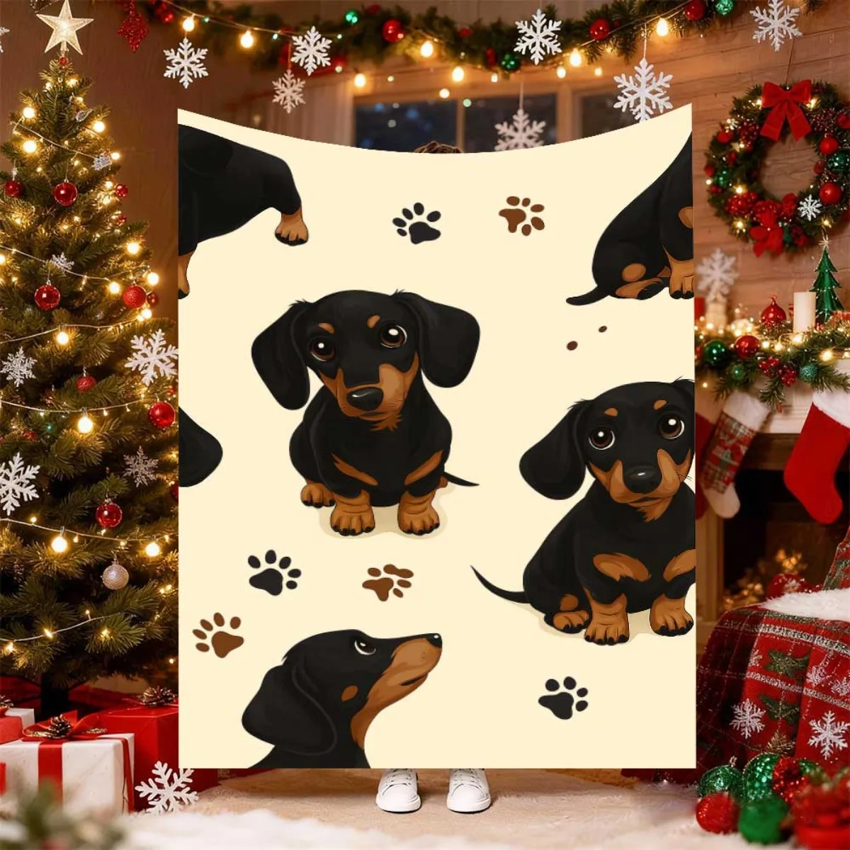 Dachshund Wiener Dog Throw Blanket Cartoon Puppy Bone Footprint Pattern Couch Sofa Soft Bedding Quilt Pet Lover Bedroom Decor