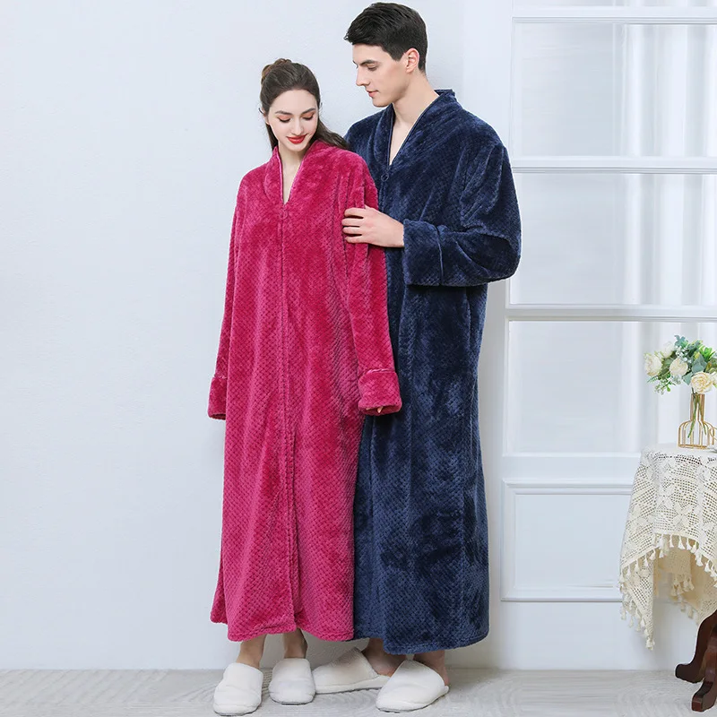 New Thickened Zipper Nightgown Flannel Nightgown Autumn and Winter Sleepwear Solid Color Men\'s and Women\'s Bathrobe